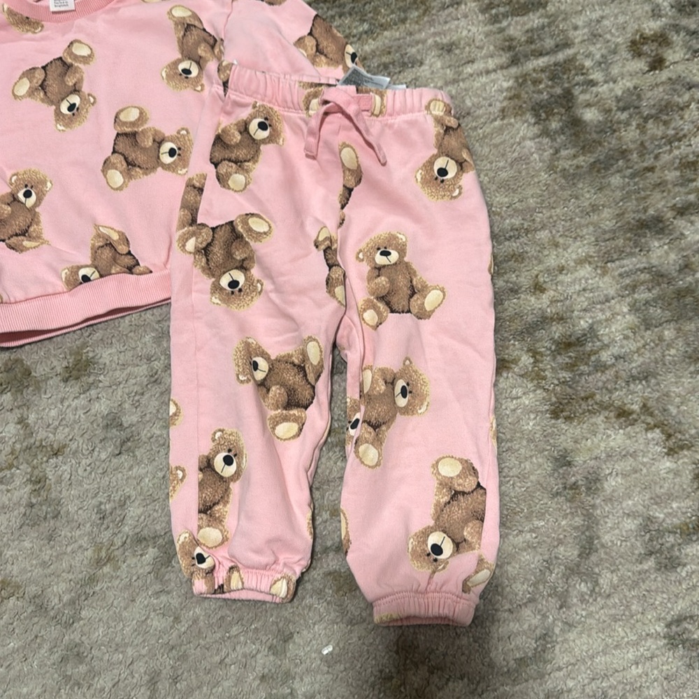 H&M Baby Girl Pink Teddy Bear Sweatshirt & Sweatpants Set 12-18 months - Picture 2 of 6